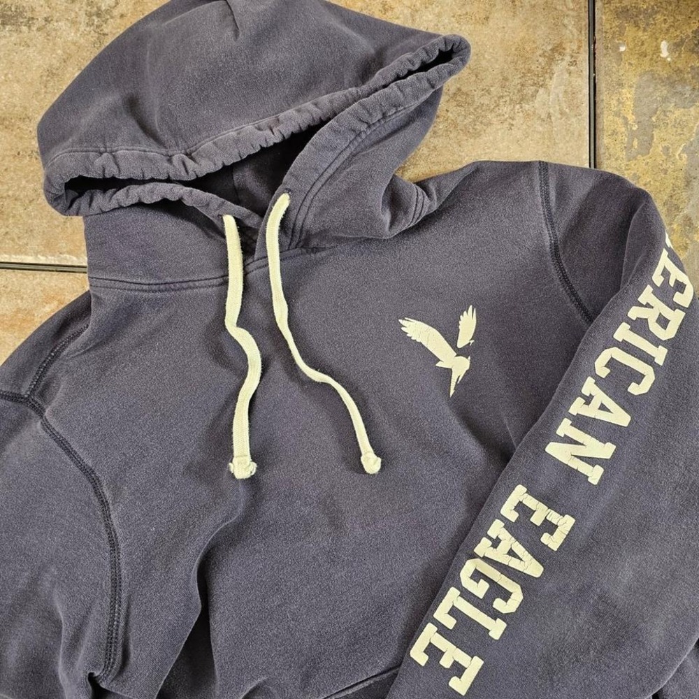 American Eagle Outfitters Y2k Hoodie Navy‎ Blue Medium Sleeve Print Pullover